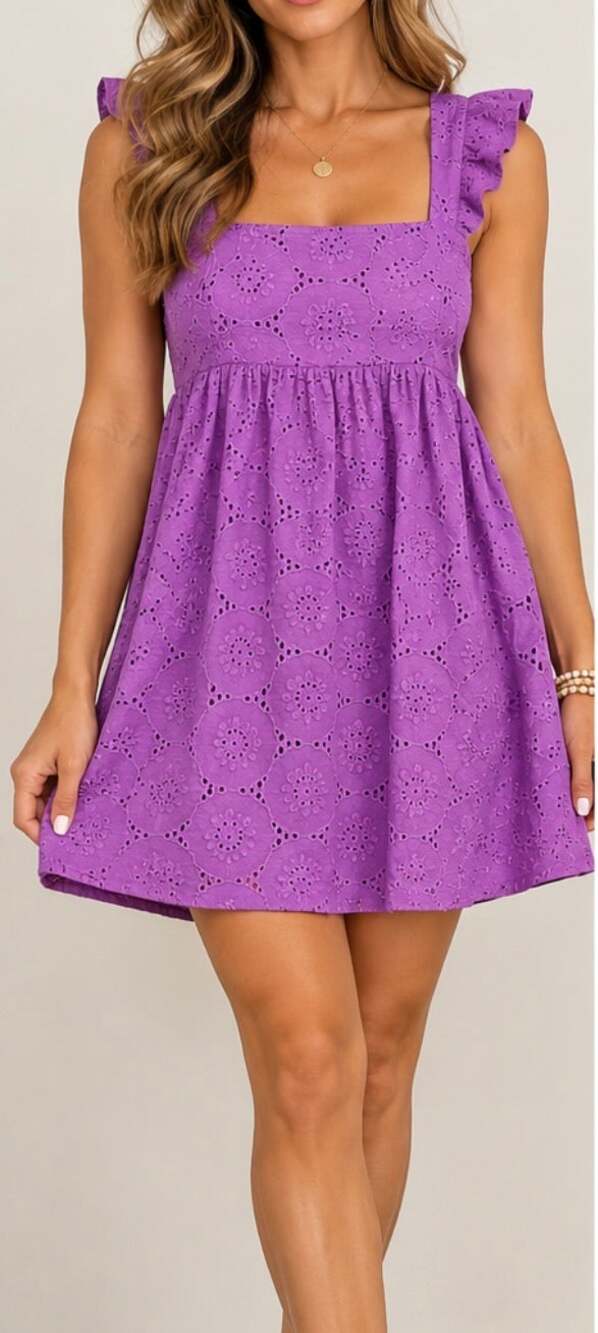 Draper James Purple Eyelet Ruffle Strap Mini Dress Size L